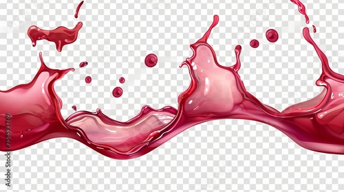 Horizontal splash of wine or red juice on transparent background. Modern realistic set of liquid waves of flowing clear fruit drink, strawberry, grape or cherry juice. photo