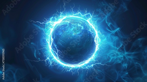 An electric ball with a round lightning frame inside a blue thunderbolt circle border  energy strike  green plasma sphere with an isolated electrical discharge  realistic 3D modern illustration.