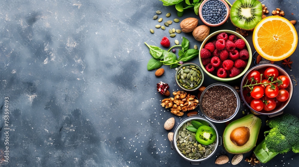 Healthy food clean eating selection. Fruit, vegetable, seeds, superfood, cereal, leaf vegetable on gray concrete background. Top view.