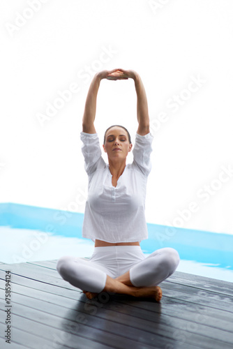 Fototapeta Naklejka Na Ścianę i Meble -  Yoga, zen and woman with exercise outdoor for spiritual, mental and body wellness on patio. Balance, meditation and person in lotus pose for pilates stretching workout for peace, calm and health.