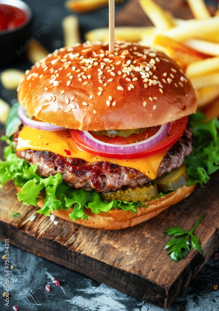 Gourmet Cheeseburger Served With Seasoned Fries on a Wooden Table at a Cozy Restaurant Gourmet Cheeseburger Served With Seasoned Fries on a Wooden Table at a Cozy Restaurant