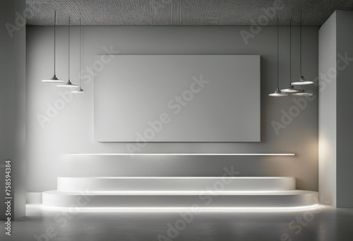 Wide lamps Rendering concrete white podium interior 3D linear wall poduim background dais wall lamp linear white three-dimensional rendering illustration creative geometric aesthetic minimal luxury