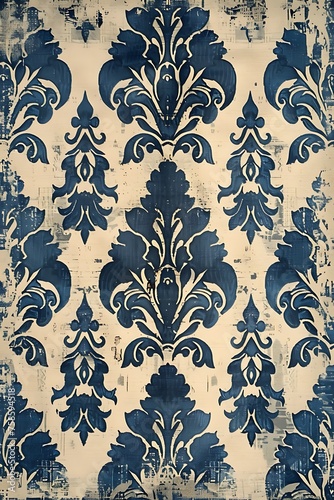 tapestry front view photo of woven damask pattern of Victorian style in blue and white color