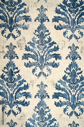tapestry front view photo of woven damask pattern of Victorian style in blue and white color
