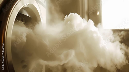 Steam from damp clothes billows out of the dryers vent dispersing into the air. photo