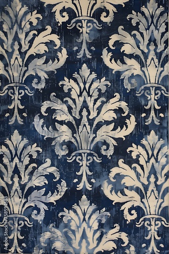 tapestry front view photo of woven damask pattern of Victorian style in blue and white 