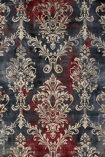 tapestry front view photo of woven damask pattern of Victorian style in classic color