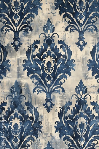 tapestry front view photo of woven damask pattern of Victorian style in blue and white 