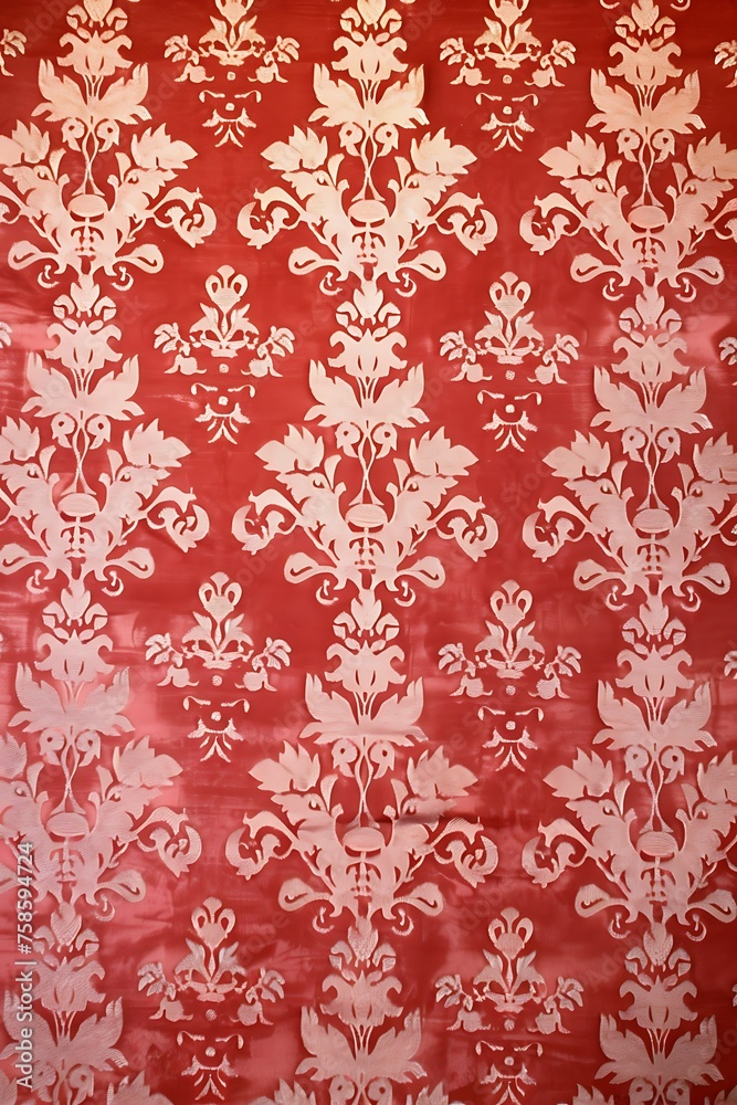 front view photo of woven damask pattern of Victorian style in red color front view photo of woven damask pattern of Victorian style in red color
