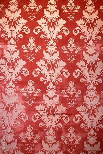 front view photo of woven damask pattern of Victorian style in red color