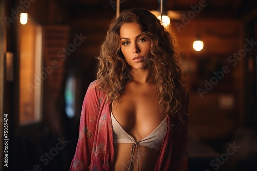 Beautiful young woman with long curly hair posing in lingerie.