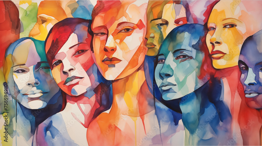 Obraz premium Abstract colorful art watercolor painting depicts a diverse group of people united