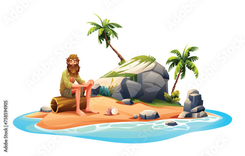 Castaway man on desert island with palm trees and rocks. Vector cartoon illustration © YG Studio