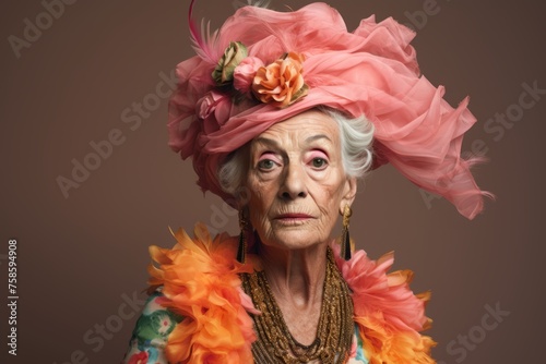 Portrait of a beautiful senior woman in a hat with flowers.