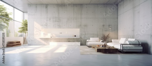 Minimalist white interior design of a house with concrete backdrop.