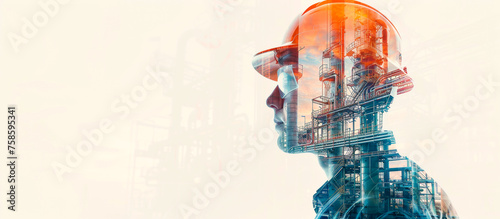  An engineer. Drawing of a modern factory on a light background. A conceptual collage