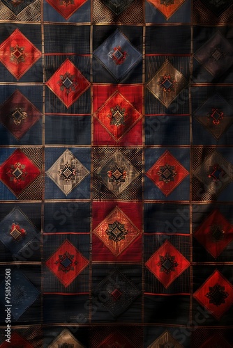 Thai traditional silk textile, featuring a complex pattern of a blend of vibrant colors deep reds, bright golds, and lush greens, traditional motifs like stylized elephants, mythological creature