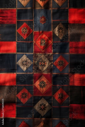 Thai traditional silk textile, featuring a complex pattern of a blend of vibrant colors deep reds and blue, traditional motifs 