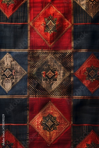 Thai traditional silk textile, featuring a complex pattern of a blend of vibrant colors deep reds and blue, traditional motifs 