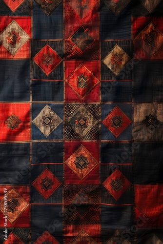 Thai traditional silk textile, featuring a complex pattern of a blend of vibrant colors deep reds and blue, traditional motifs 