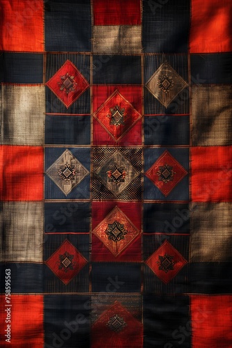 Thai traditional silk textile, featuring a complex pattern of a blend of vibrant colors deep reds and blue, traditional motifs 