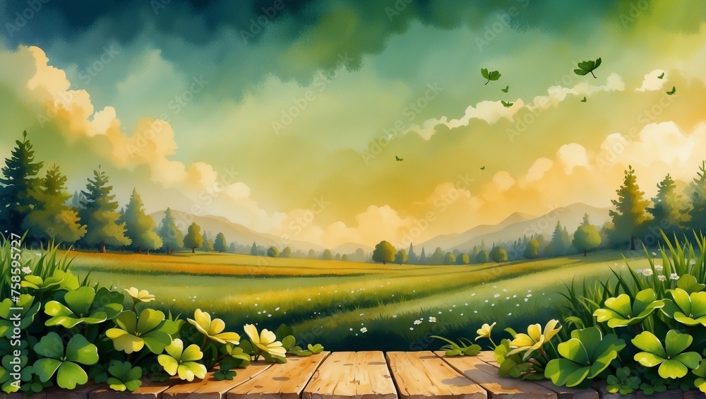 Serene Irish Meadow, Peaceful Landscape Illustration, Nature’s Beauty Concept, Ideal for Wall Murals or Relaxation Themed Room Decor - obrazy, fototapety, plakaty 
