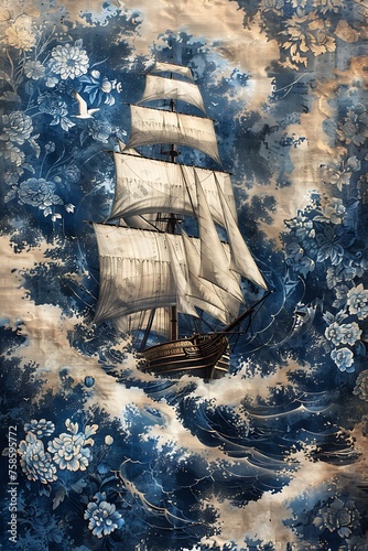 realistic textile of ship prints blue damask floral, in the style of whimsical weavings, dark sky-blue and light brown, medieval and renaissance, serene seascapes, pictorial fabrics