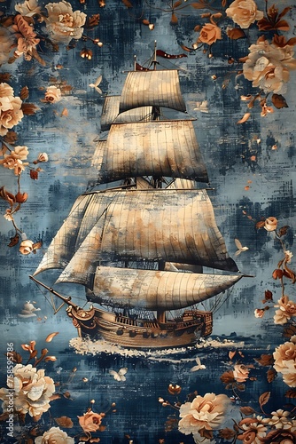 realistic textile of ship prints blue damask floral, in the style of whimsical weavings, dark sky-blue and light brown, medieval and renaissance, serene seascapes, pictorial fabrics