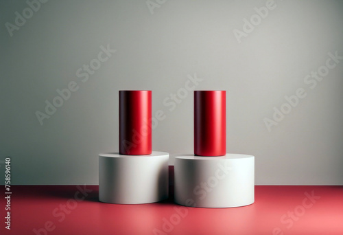  Two red cylinder podiums mockup on table on rich saturated background