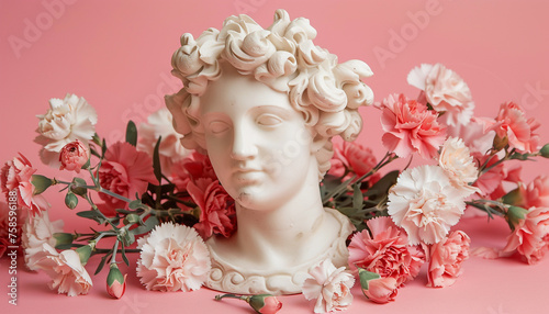 Ancient woman Statue with carnations flowers