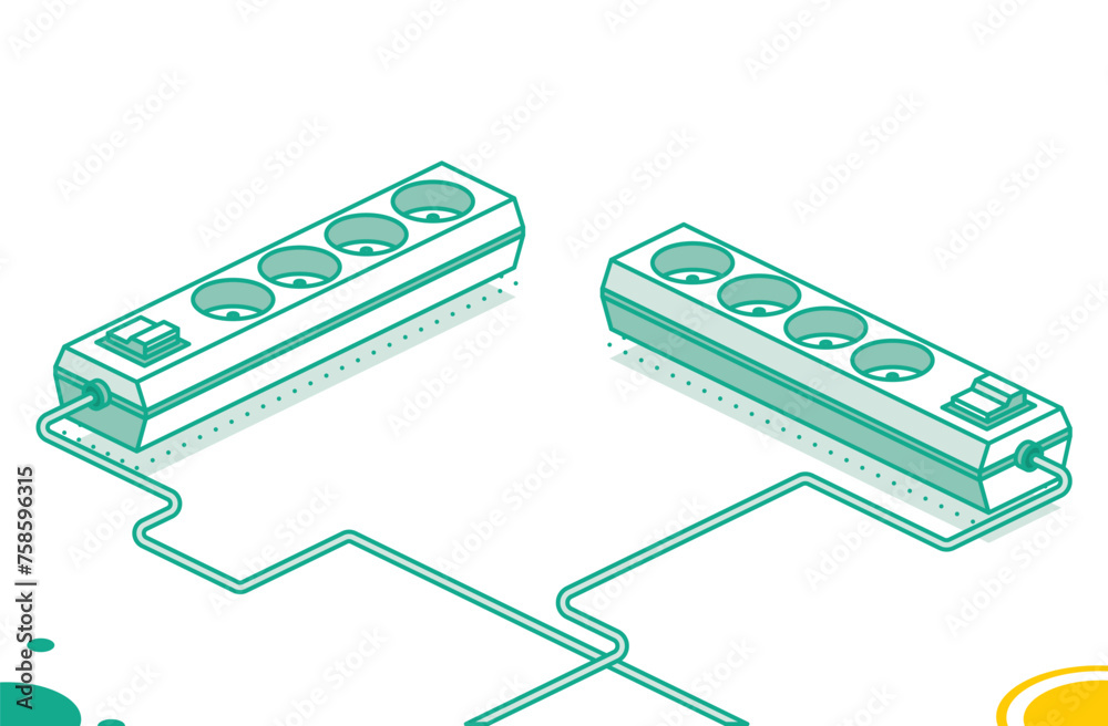 Electrical power socket strip. Isometric outline concept. Two objects ...