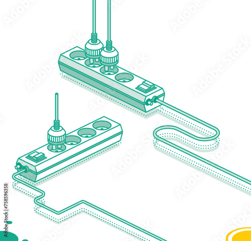 Modern electric extension cord with plug. Electrical power socket strip. Isometric outline concept. Two objects. Powerboard with four slots.
