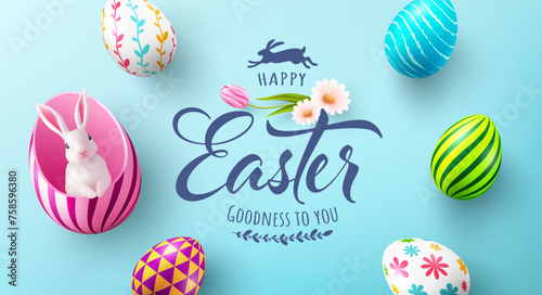 Easter poster and banner template with a white rabbit inside a easter egg on light green background.Greetings and presents for Easter Day in flat lay styling.Promotion and shopping template for Easter