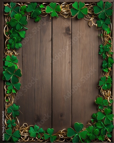 Clover Frame on Wood, Green and Brown, Natural Rustic Style, Authentic Irish Concept, St. Patrick's Day Background for Flyer or Menu Design with Copy Space