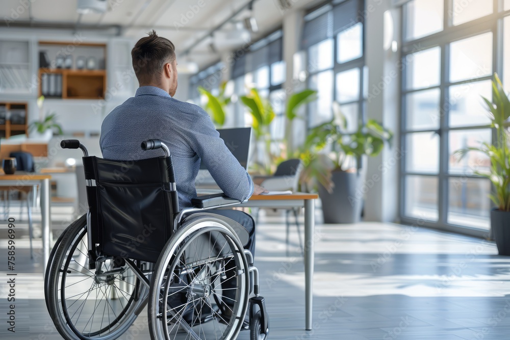 man in wheelchair sitting at desk in front of computer, working in office, Inclusivity