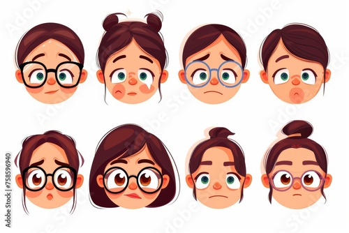 The modern cartoon set of asian kid's face generator with eyes and glasses, noses, hairstyles, brows and lips with a black background has a girl's face in the center and a child's avatar at the