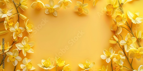 Spring yellow Rose flowers frame on yellow background Valentines day mothers day women day concept photo