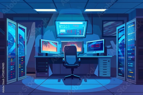 Detailed modern cartoon interior of an information storage office with a panel for controlling the network, a computer monitor on a desk, and an office chair with a computer monitor.
