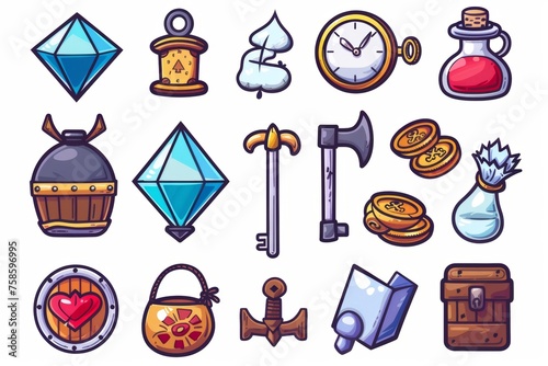 This set of game icons includes symbols for keys, playing cards, clocks, money, gift boxes, and diamonds. It also includes hammers, swords, potions, bombs, and coins.