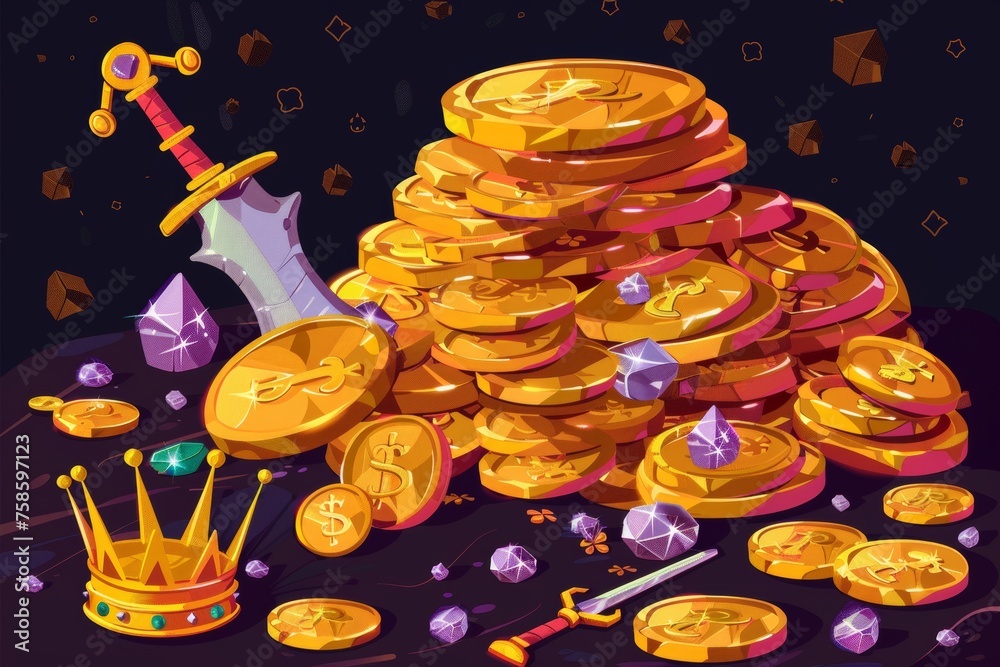 Ancient treasure with piles of gold coins, diamonds, crowns, and swords ...