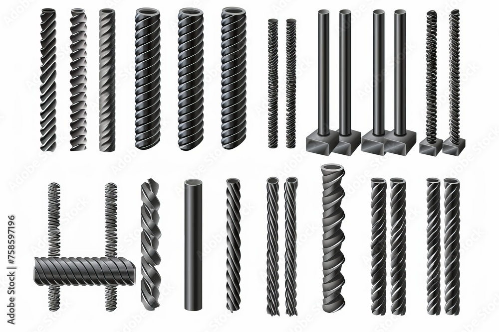 Realistic modern illustration of smooth and deformed iron bars for building, cage, rack, or prison grate, isolated on white with stainless fittings. Realistic modern illustration of smooth and deformed iron bars for building, cage, rack, or prison grate, isolated on white with stainless fittings.