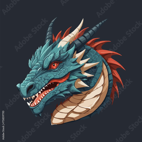Illustration of a dragon head showing red eyes and horns.