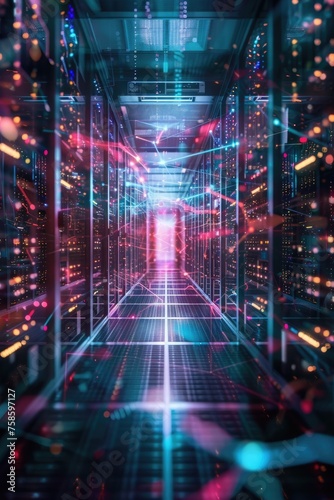 A futuristic holographic server room with abstract shapes  creating a visually stunning and advanced workspace.             