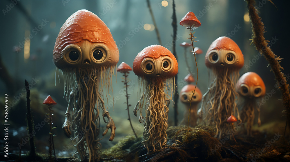Witness the lively interactions of whimsical dorky fungi monsters - obrazy, fototapety, plakaty 