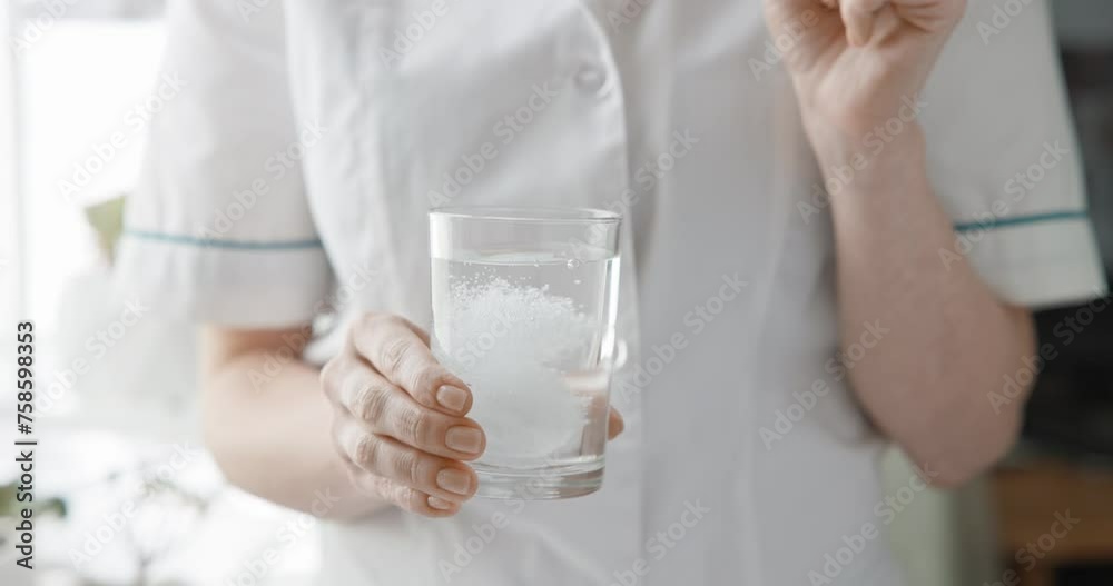 pharmacy and treatment concept - Close-up of woman doctor throwing effervescent tablet in a glass of water pharmacy and treatment concept - Close-up of woman doctor throwing effervescent tablet in a glass of water