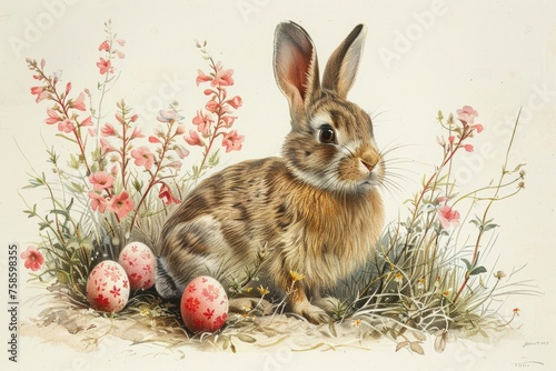 Easter rabbit with eggs. card for invitation. seasonal, religious holiday concept. Spring card.