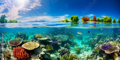 Coral Reef And Island With Underwater Colorful Corals Background showcasing the diversity and beauty of underwater ecosystem
