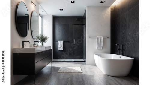 Bright bathroom interior with white tones wall
