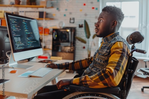 man in wheelchair sitting at desk in front of computer, working in office, Inclusivity photo