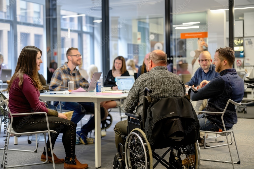 man in wheelchair sitting at desk in front of computer, working in office, Inclusivity man in wheelchair sitting at desk in front of computer, working in office, Inclusivity